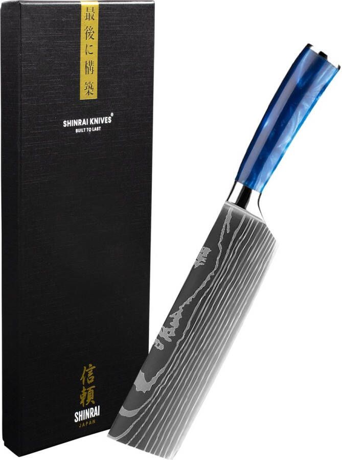 Shinrai Japan Japans Hakmes 18 cm Koksmes Damascus Mes Damascus Print Epoxy Sapphire Met Luxe Geschenkdoos