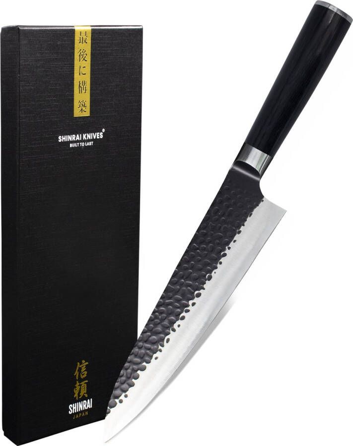 Shinrai Japan Japans Koksmes 20 cm Koksmes RVS Staal Mes Hammered RVS Black Met Luxe Geschenkdoos