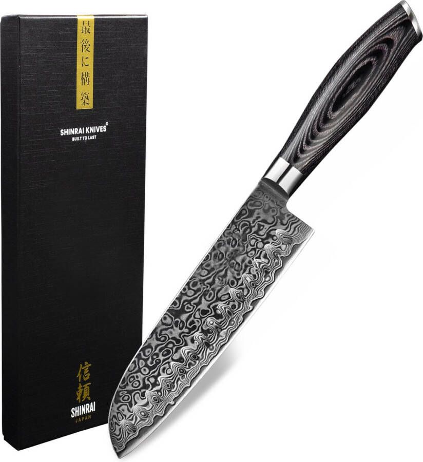 Shinrai Japan Japans Santokumes 18 cm Koksmes Damascus Mes Damast Pakka Wood Met Luxe Geschenkdoos