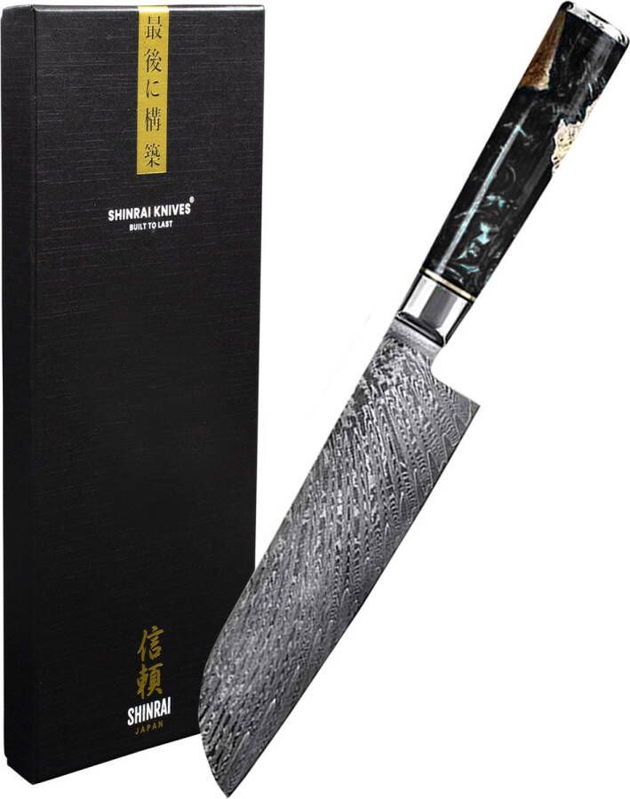 Shinrai Japan™ Shinrai Japan Japans Santokumes 18 cm Koksmes Damascus Mes Epoxy Onyx Met Luxe Geschenkdoos