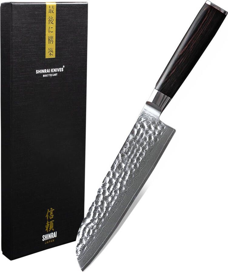 Shinrai Japan Japans Santokumes 18 cm Koksmes Damascus Mes Hammered Damast BR Met Luxe Geschenkdoos