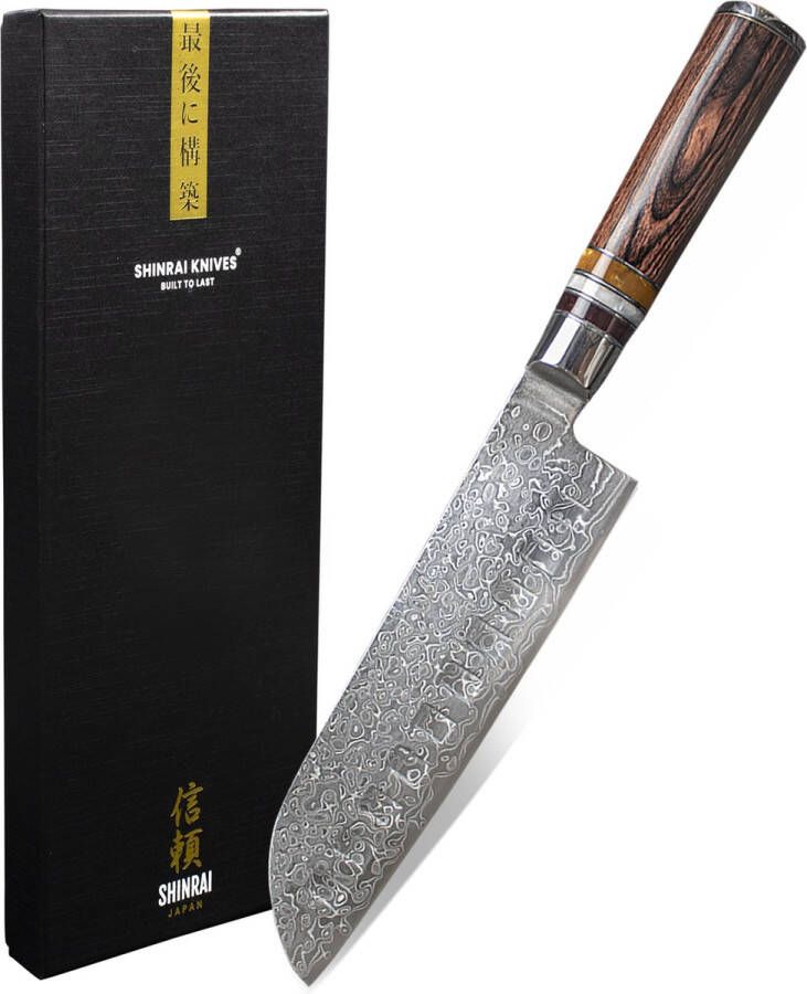 Shinrai Japan Japans Santokumes 18 cm Koksmes Damascus Mes Micarta Jewels Met Luxe Geschenkdoos