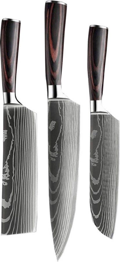 Shinrai Japan Messenset 3 delig Koksmes Japanse mes Japanse Damascus Print Met Luxe Geschenkdoos