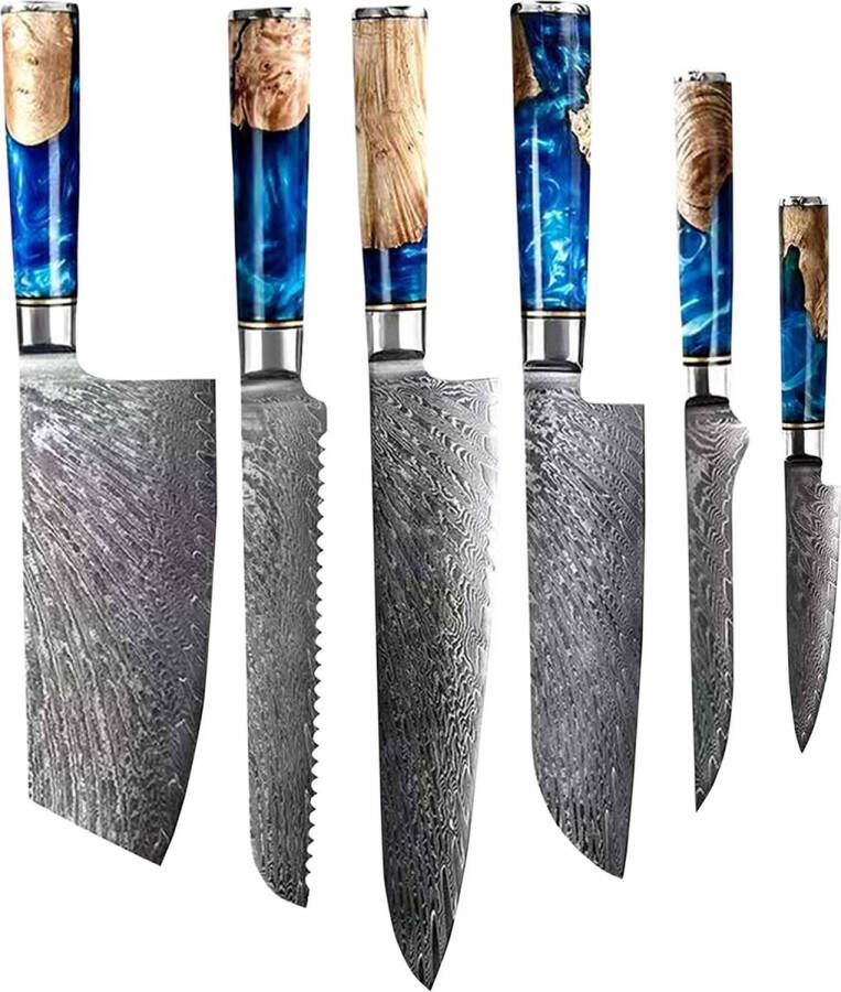 Shinrai Japan Messenset 6 delig Koksmes Japanse Messen Mes Damascus Epoxy Sapphire Met Luxe Geschenkdoos