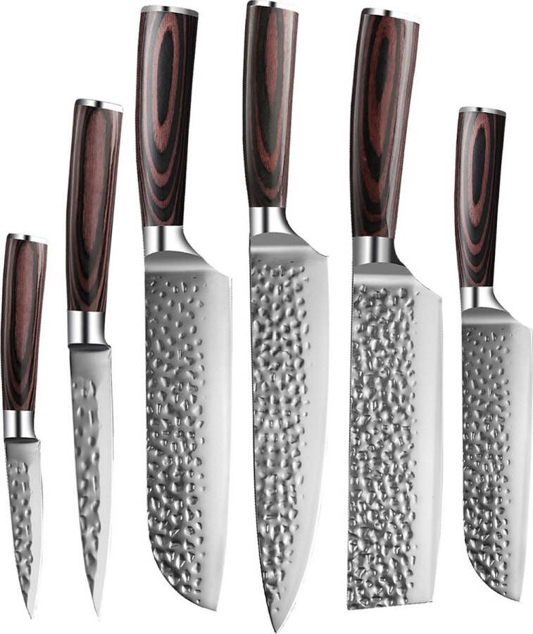 Shinrai Japan Messenset 6 delig Koksmes Japanse Messen Mes Hammered RVS Met Luxe Geschenkdoos