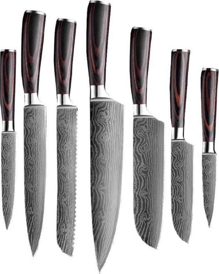 Shinrai Japan Messenset 7 delig Koksmes Japanse Messen Mes Japanse Damascus Print Met Luxe Geschenkdoos