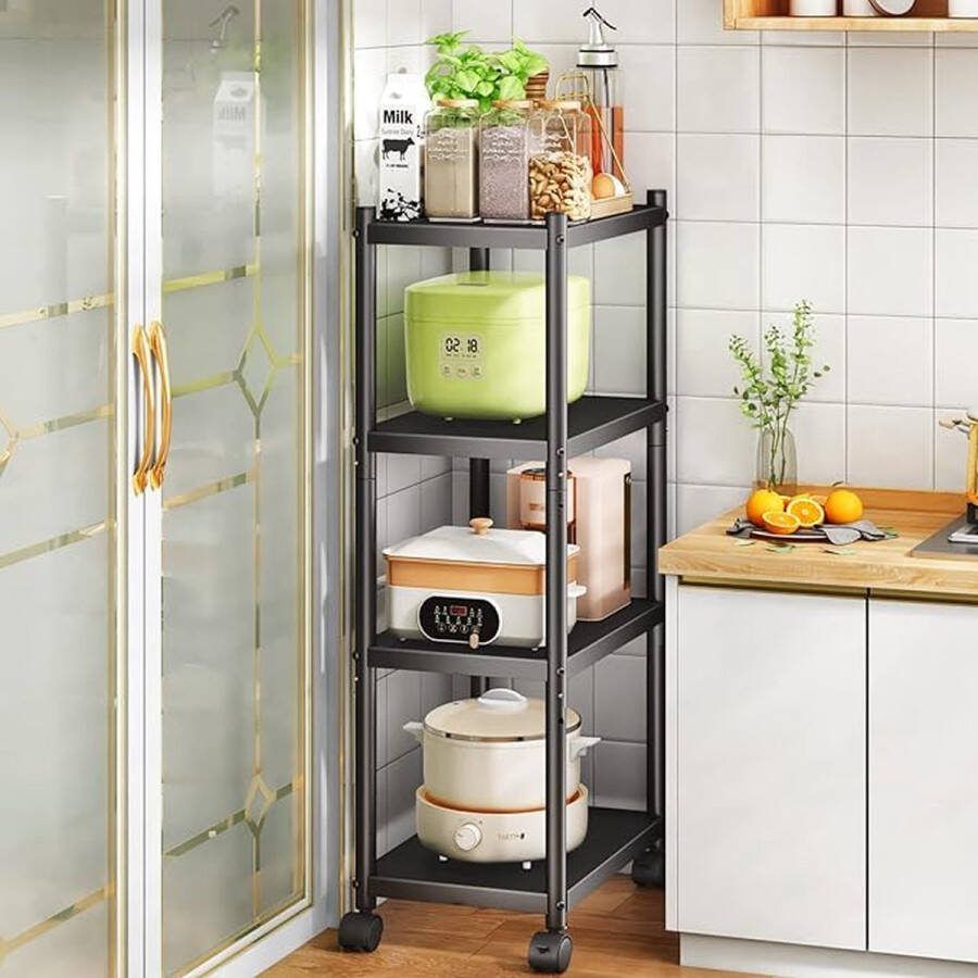 SHOP YOLO YOU ONLY LIVEONCE SHOP YOLO-keukentrolley op wieltjes-4-laags metalen-multifunctioneel-robuust en smal opbergrek met wielen en antislipvoeten-voor garage-kantoor boekkamer-zwart