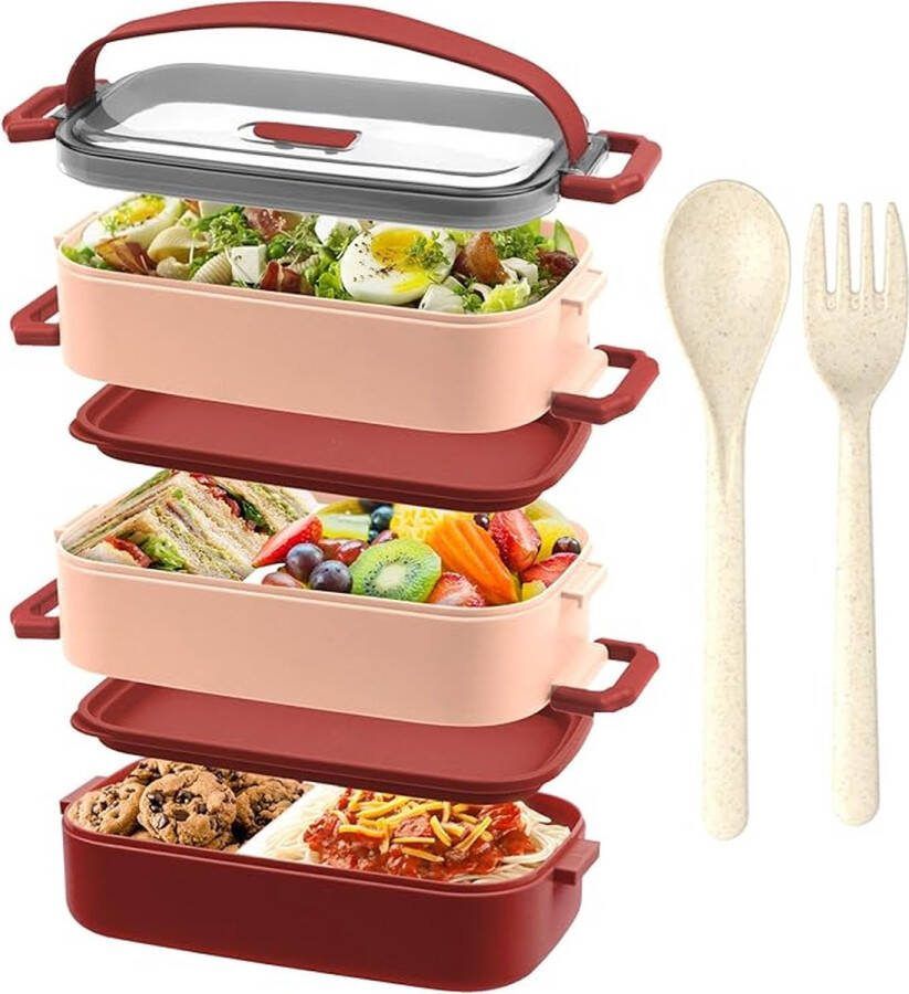 SHOP YOLO YOU ONLY LIVEONCE SHOP YOLO-lunchbox volwassenen-3 Laags Bento Box 2200ml -Lunchbox met 3 compartimenten Verstelbaar en Bestek -Lunchbox Lekvrij-BPA Vrij- Magnetronbestendig
