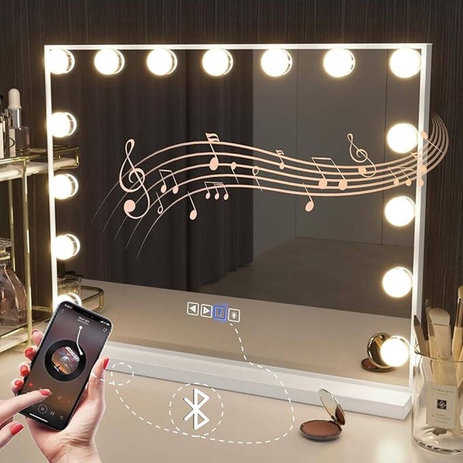 SHOP YOLO YOU ONLY LIVEONCE SHOP YOLO-Make-up Spiegel met verlichting 15 LED-lamp Dressoir Spiegel-Bluetooth Hollywood Spiegel met USB oplaadpoort 3 kleurtemperaturen grotel voor tafelspiegels of wandspiegel