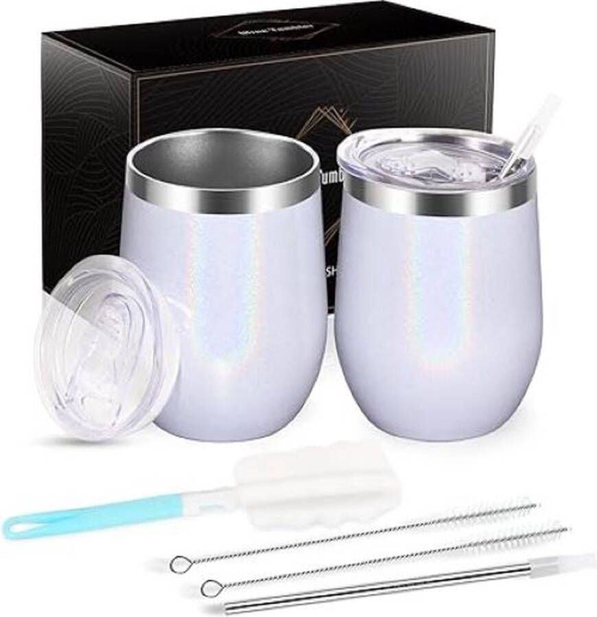 SHOP YOLO YOU ONLY LIVEONCE SHOP YOLO-thermosbeker koffie-2 stuks wijnbekers roestvrij staal-Stemless wijnbekers met deksel-dubbelwandige onbreekbare reisbeker voor melk-champagne-Wit regenboog