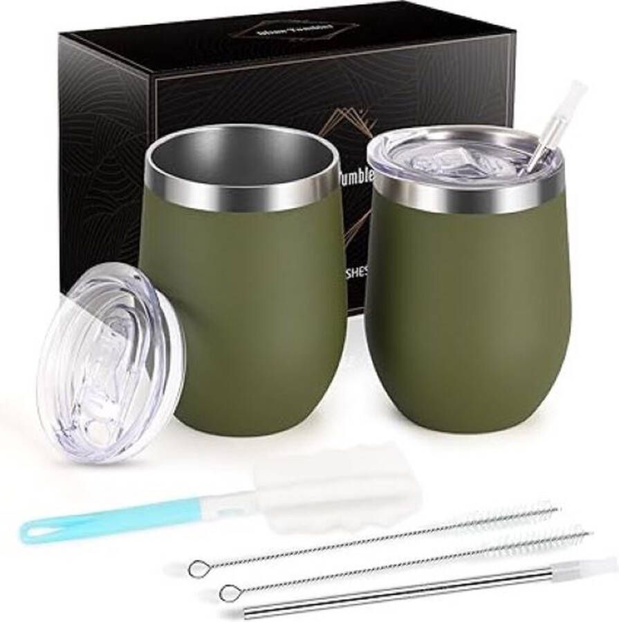SHOP YOLO YOU ONLY LIVEONCE SHOP YOLO-thermosbeker koffie-2 stuks wijnbekers roestvrij staal-Stemless wijnbekers met deksel-dubbelwandige onbreekbare reisbeker voor melk-champagne-donkergroen