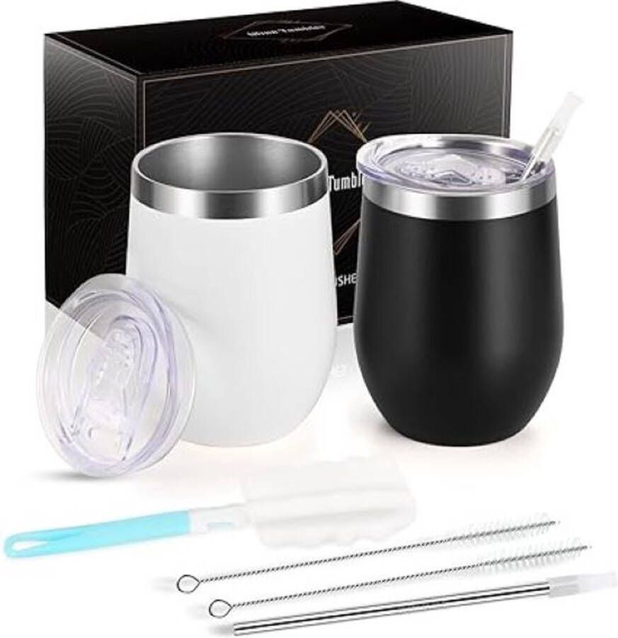 SHOP YOLO YOU ONLY LIVEONCE SHOP YOLO-thermosbeker koffie-2 stuks wijnbekers roestvrij staal-Stemless wijnbekers met deksel-dubbelwandige onbreekbare reisbeker voor melk-champagne-wit-zwart