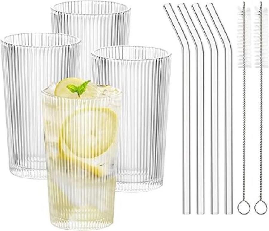 SHOP YOLO YOU ONLY LIVEONCE SHOP YOLO-longdrink glazen-set van 4-380 ml drinkglazen met rietje en borstel- longdrinkglas voor cocktails-bier-whiskey-koffie-frisdrank