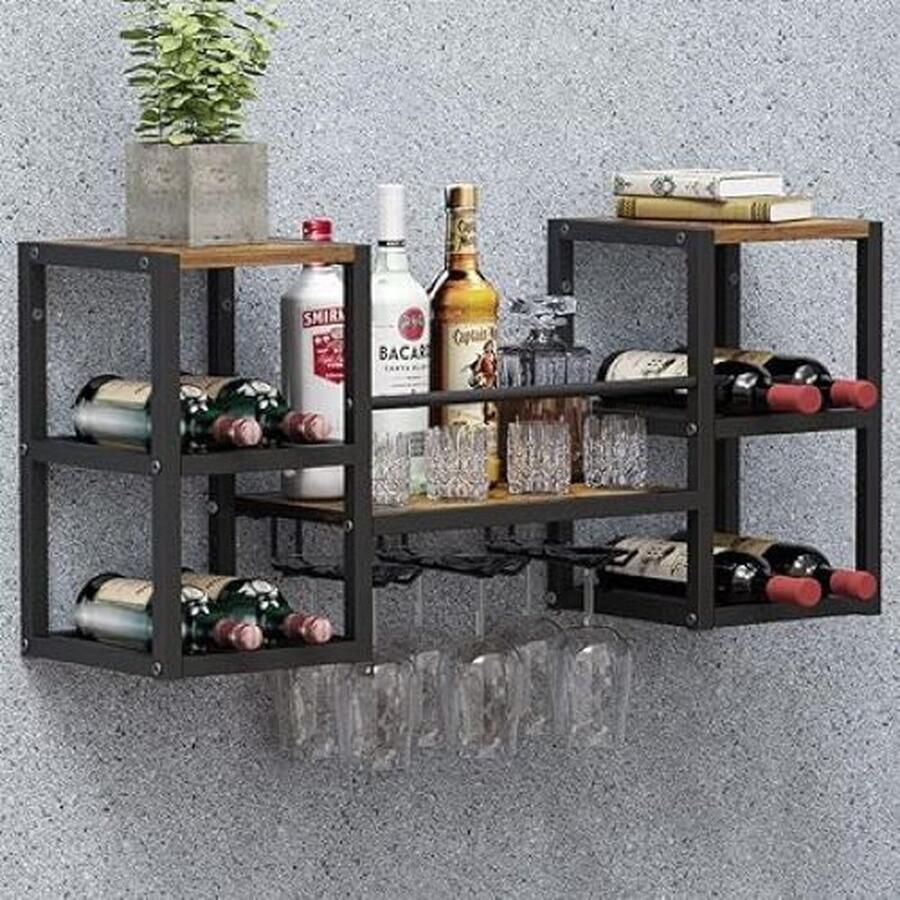 SHOP YOLO YOU ONLY LIVEONCE SHOP YOLO-wijnrek muur- Industrieel wijnrek voor aan de muur met 3 steam glazenhouder- gedeeltelijk houten plank- metalen flessenhouder- multifunctioneel-zwart