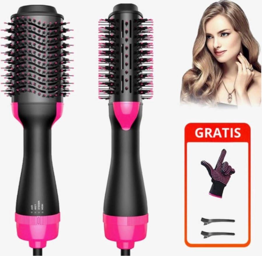 ShopbijStef 4 in 1 Föhnborstel Föhnen Stijlen Krullen Volume Keramische Borstel Föhn Airstyler Zwart Roze