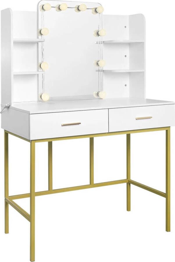 ShopbijStef Make Up Tafel Kaptafel Met Spiegel Kaptafel met speigel en verlichting Slaapkamer Luxe Wit Goud