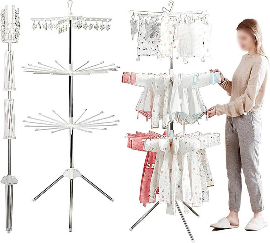 ShopEighty8 Droogrek Opvouwbare Kledingdroger Kledingrek Ruimtebesparend Wasrek Draaibaar 360° met 3 Armen en 24 Clips Wit