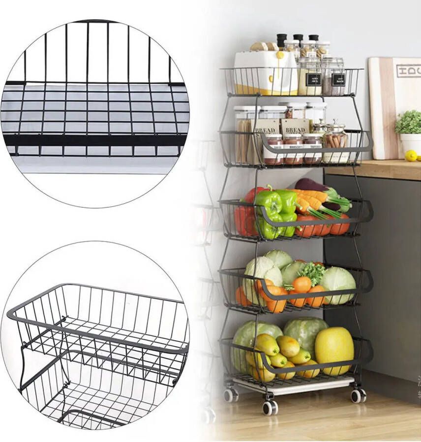 ShopEighty8 Keukentrolley Op Wielen Keuken Organizer Fruitmand Trolley Groentenmand Opbermanden Stapelbaar -5-Laags 41(L)x29(B)x112(H) CM Metaal Zwart