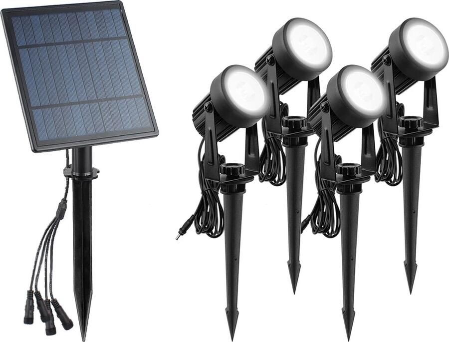 ShopEighty8 Buiten verlichting Tuinverlichting Solar Verlichting Led Verlichting Buiten Ip65 3mtr. Snoer 12 Werk Uren Set Van 4 Koud Licht Zwart