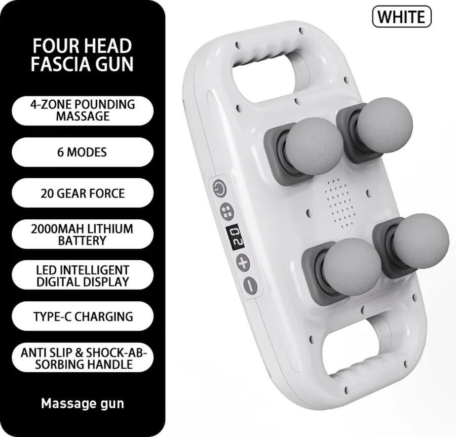 ShopEighty8 Massage Gun Professioneel Diepe Hoogfrequente Trillingen 20 KG Slagkracht Groot Massage Oppervlak Led Display 4 Koppen 6 Modus 20 Levels Rug Benen Armen Nek Wit
