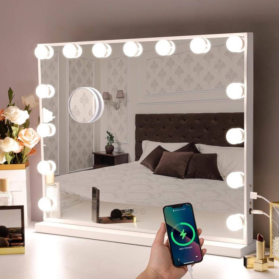 ShopHaven Bluetooth Make-upspiegel met Verlichting 15 LED-lampen Hollywood Spiegel met USB Oplaadpoort 3 Kleurtemperaturen Grote Make-upspiegel voor Tafelspiegels of Wandspiegel