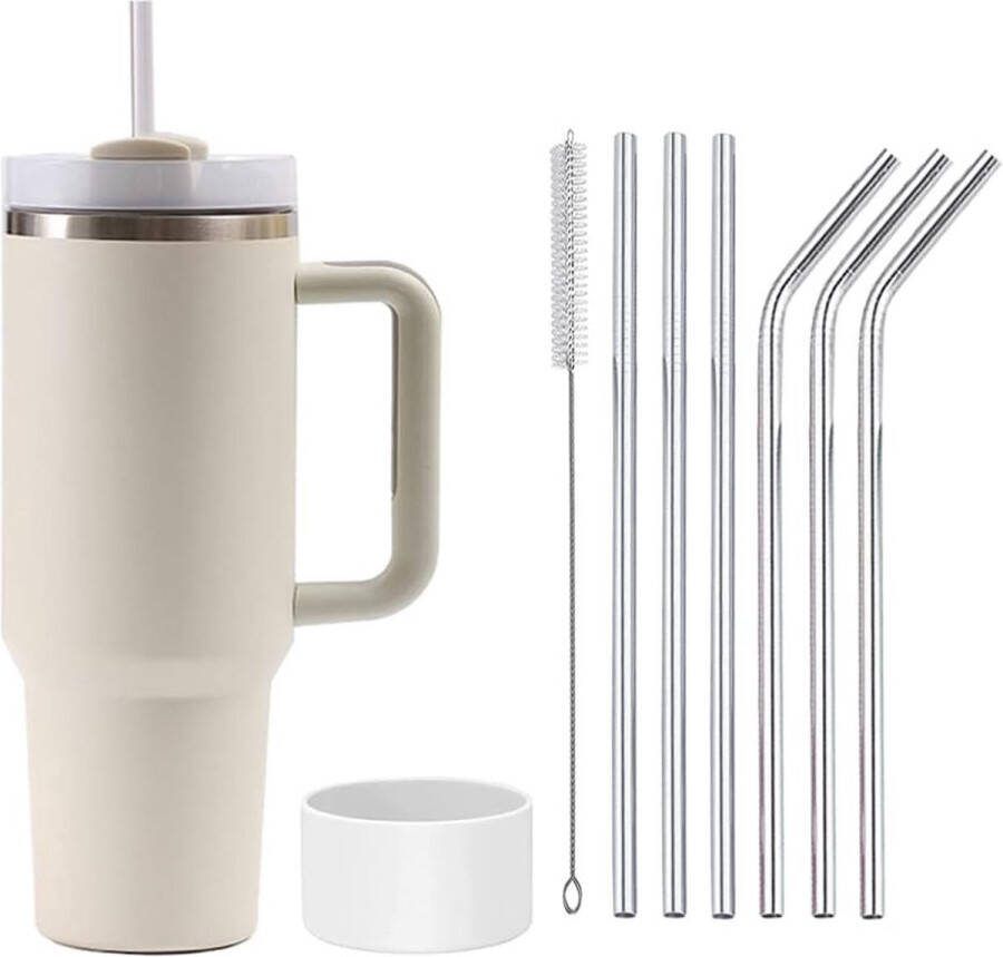 ShopHaven Dubbelwandige Roestvrijstalen Vacuümisolatiebeker met Handvat 1200 ml Reismok Autobeker Thermobeker met Roestvrijstalen Rietje en Siliconen Bescherming Beige