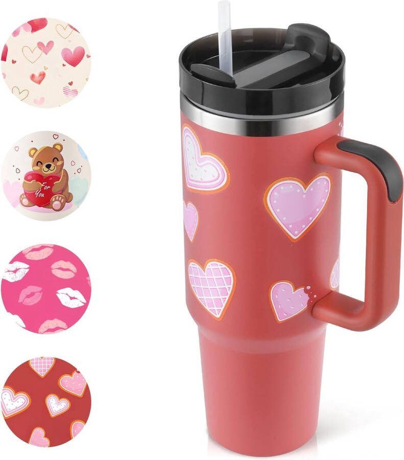 ShopHaven Frauentag Thermosbeker met Rietje en Handvat 1200 ml Roestvrij Staal voor Warme en Koude Dranken Speciaal Geschenk voor Meisjes Moeders Geliefden Vrienden Rood