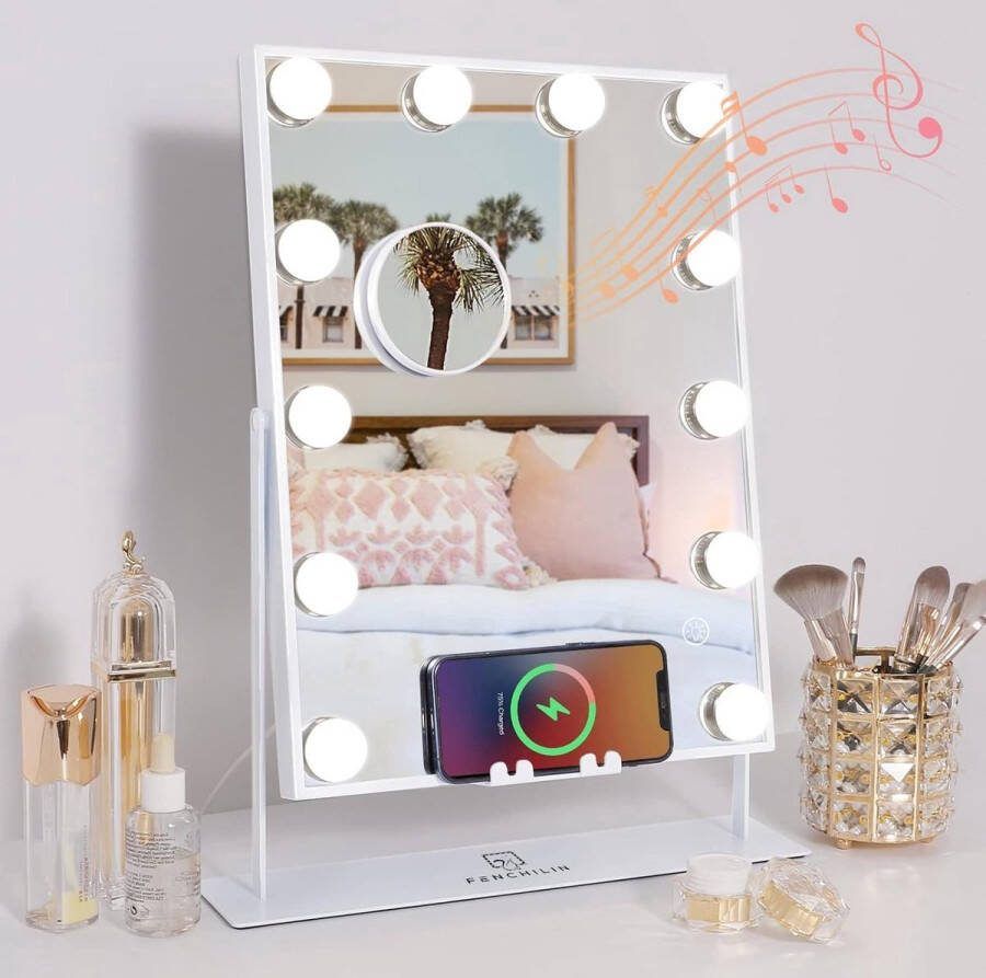 ShopHaven Hollywood Make-up Spiegel met Verlichting 12 Dimbare LED Lampen 360° Draaibare Cosmetica Spiegel 3 Lichtkleuren Touch Bediening Inclusief 10x Vergrotende Spiegel Wit 30x41 cm