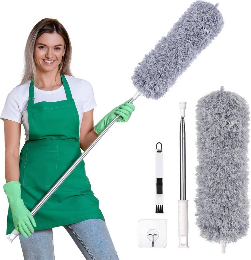 ShopHaven Telescopische Plumeau en Mini-Vensterreinigingsborstel Set Uitschuifbare Steel Microvezelkoppen Schoonmaakgereedschap voor Huis Roestvrijstalen Handvat
