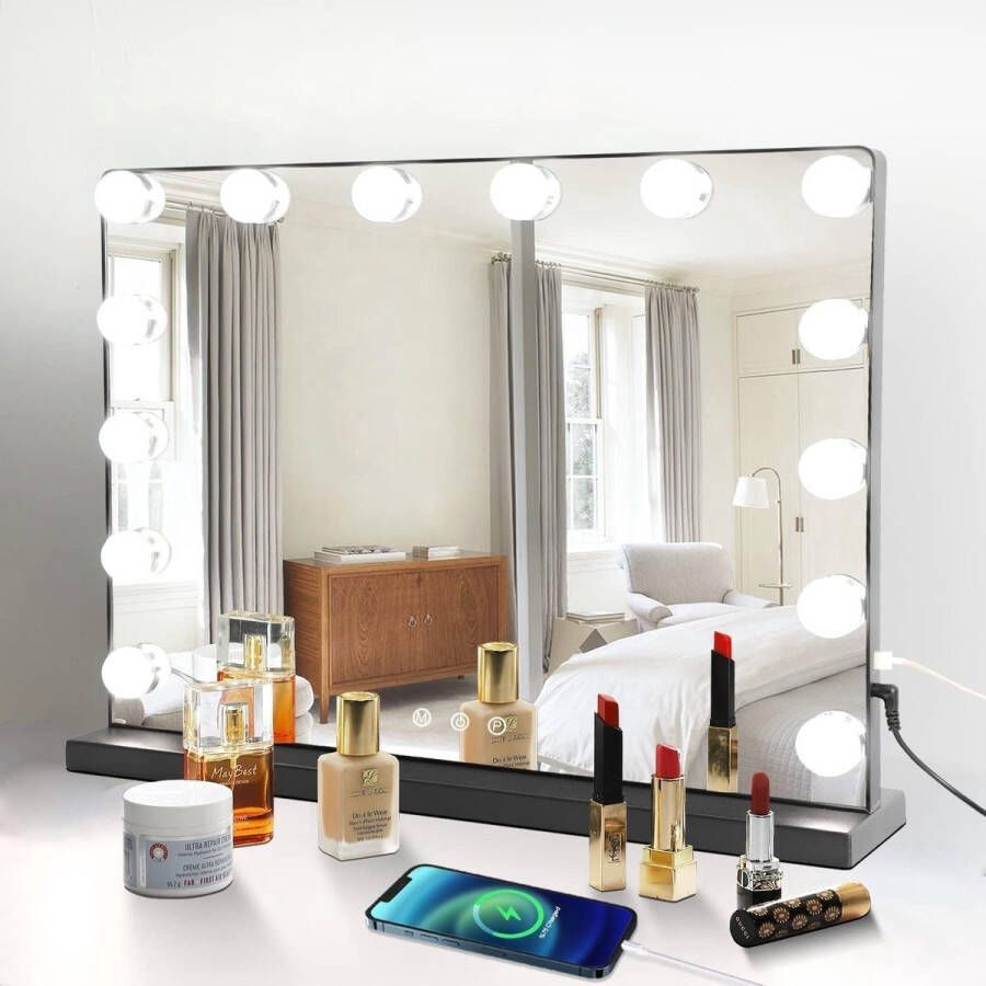 ShopHaven Verlichte Make-uptafel Spiegel met Kleurtemperatuurverlichting Hollywood Stijl Ideaal voor Professionele Make-up en Haarstyling Instelbare Kleurtemperatuur en Helderheid Elegante Make-upspiegel met Groot Zicht Inclusief Stroomadapter