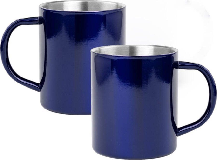 Shoppartners 10x Drinkbeker mok blauw 280 ml Rvs Blauwe mokken bekers voor onbijt en lunch