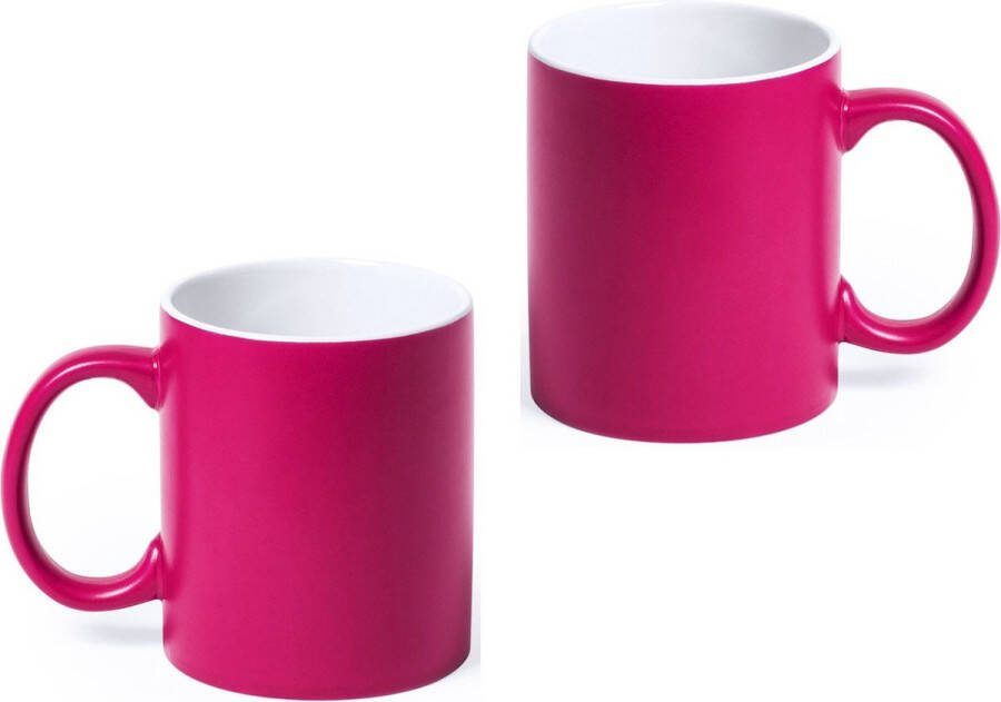 Shoppartners 12x stuks drinkbeker mok fuchsia wit 350 ml Keramiek Fuchsia mokken bekers voor onbijt en lunch