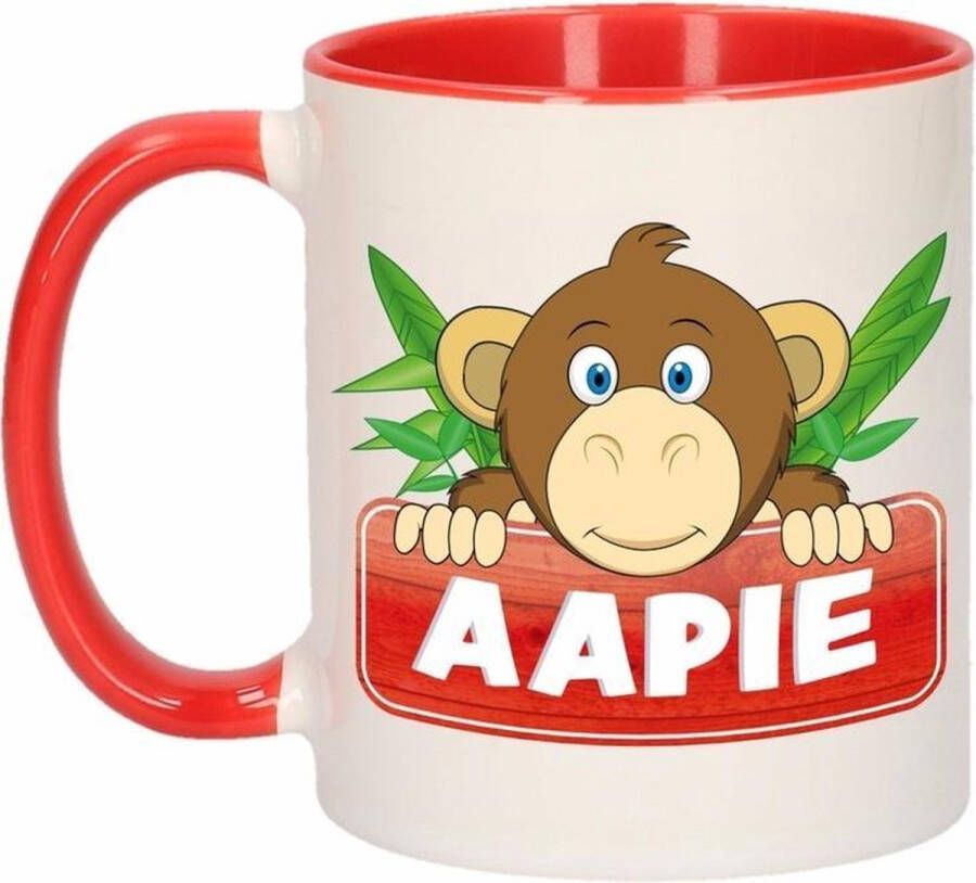 Shoppartners 1x Aapie beker mok rood met wit 300 ml keramiek apen bekers