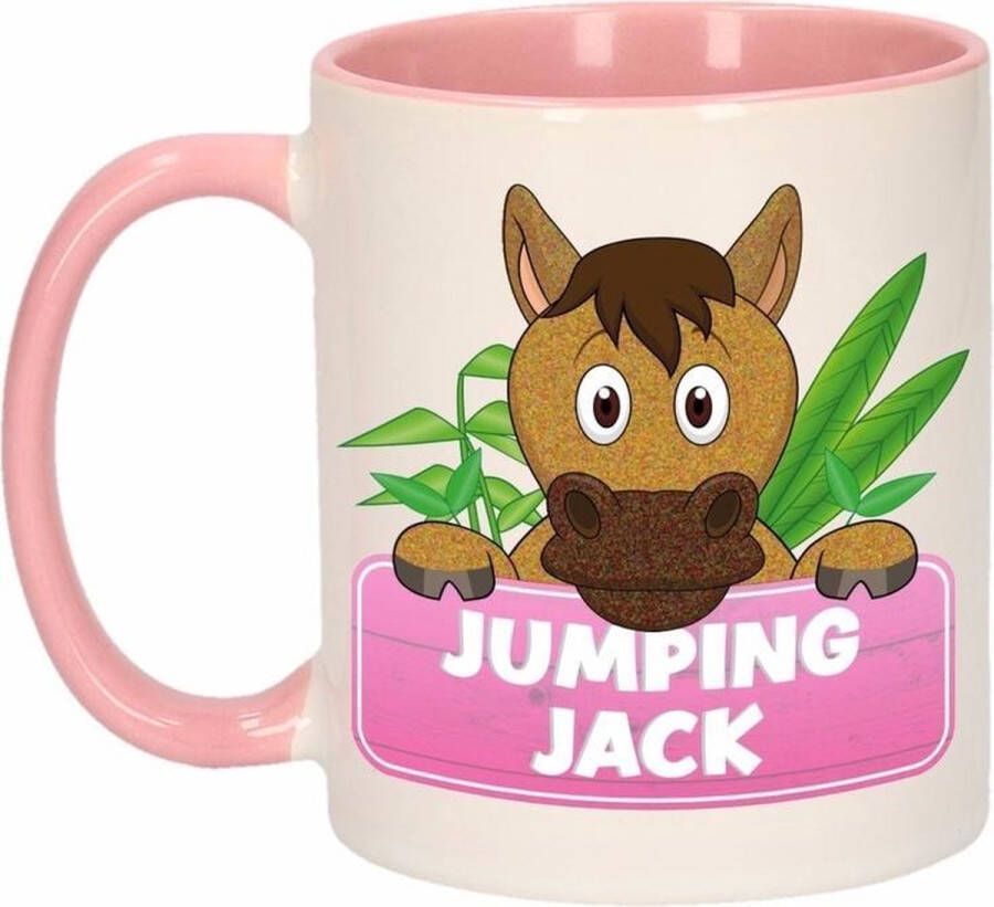 Shoppartners 1x Jumping Jack beker mok roze met wit 300 ml keramiek paarden bekers