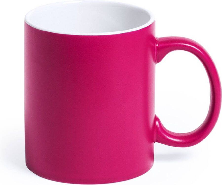 Shoppartners 1x stuks drinkbeker mok fuchsia wit 350 ml Keramiek Fuchsia mokken bekers voor onbijt en lunch