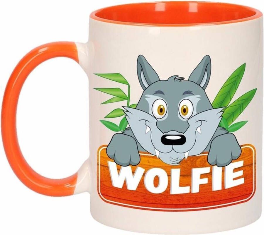 Shoppartners 1x Wolfie beker mok oranje met wit 300 ml keramiek wolven bekers