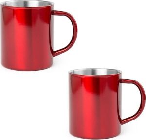Shoppartners 2x Drinkbeker mok rood 280 ml RVS Rode mokken bekers voor onbijt en lunch