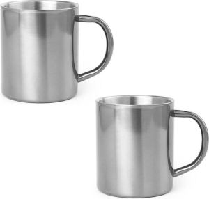 Shoppartners 2x Drinkbeker mok zilver 280 ml RVS Zilveren mokken bekers voor onbijt en lunch