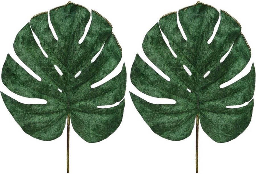 Shoppartners 2x Groene fluwelen Monstera gatenplant kunsttak kunstplanten 80 cm Kunstplanten kunsttakken bladgroen Kunstbloemen boeketten