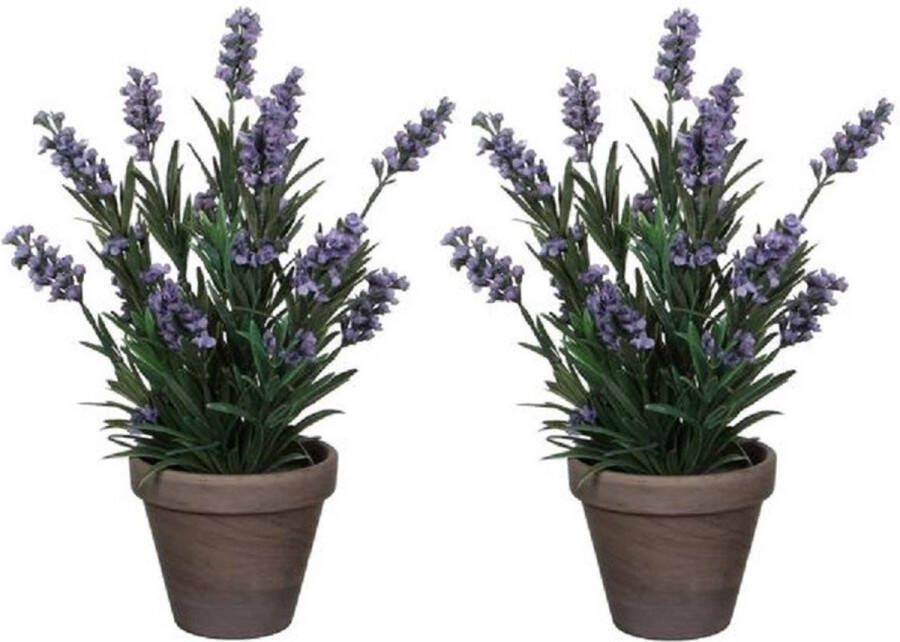 Shoppartners 2x Groene Lavandula lavendel kunstplant 33 cm in grijze plastic pot Kunstplanten nepplanten