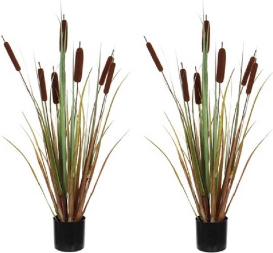 Shoppartners 2x Groene Lisdodde grasplant kunstplanten met sigaren 90 cm in bruine pot Kunstplanten nepplanten Grasplanten