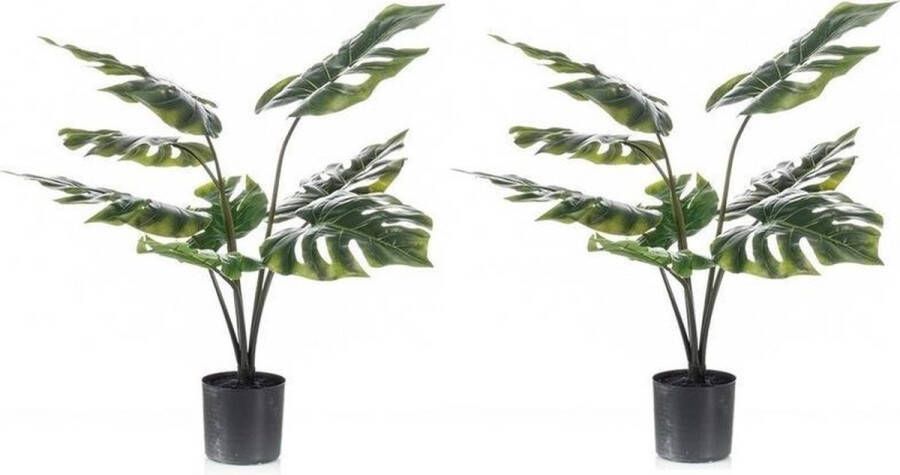 Shoppartners 2x Groene Monstera gatenplant kunstplant 60 cm in zwarte pot Kunstplanten nepplanten