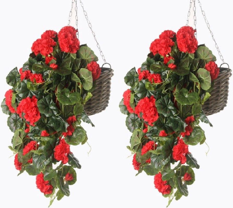Shoppartners 2x Rode geranium kunstplant hangplant 70 cm Kunstplanten nepplanten Hangplanten