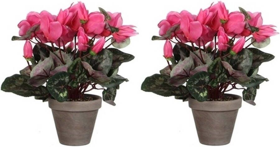 Merkloos 2x Roze cycklamen kunstplanten 30 cm met oranje bloemen en grijze pot Kunstplanten