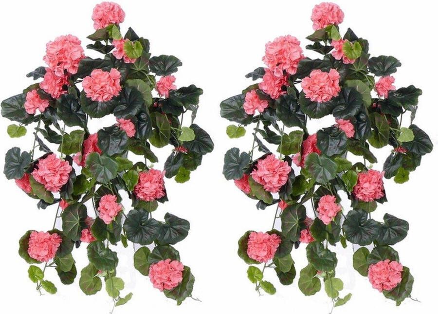 Shoppartners 2x Roze geranium kunstplant hangplant 70 cm Kunstplanten nepplanten Hangplanten