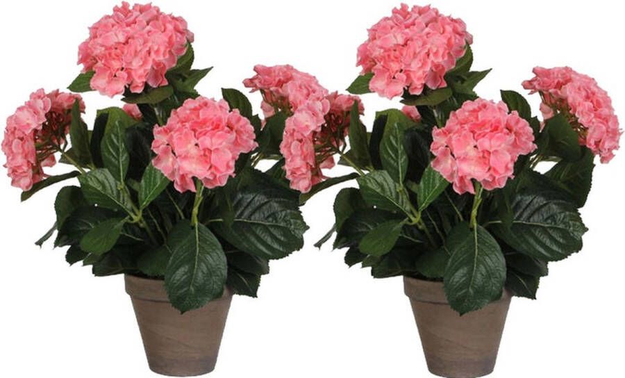 Shoppartners 2x Roze Hydrangea hortensia kunstplant 45 cm in grijze pot Kunstplanten nepplanten