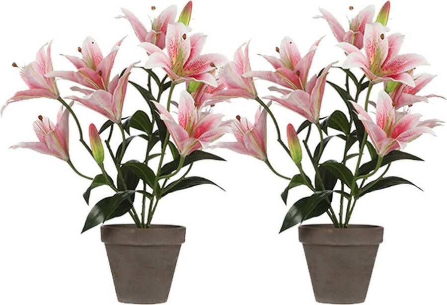 Shoppartners 2x Roze Tigerlily tijgerlelie kunstplant 47 cm in grijze plastic pot Kunstplanten nepplanten