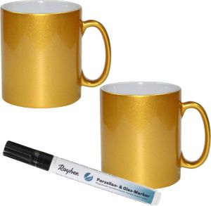 Shoppartners 2x stuks gouden drink mokken van keramiek met een zwarte porseleijn marker stift Maak uw eigen mokken