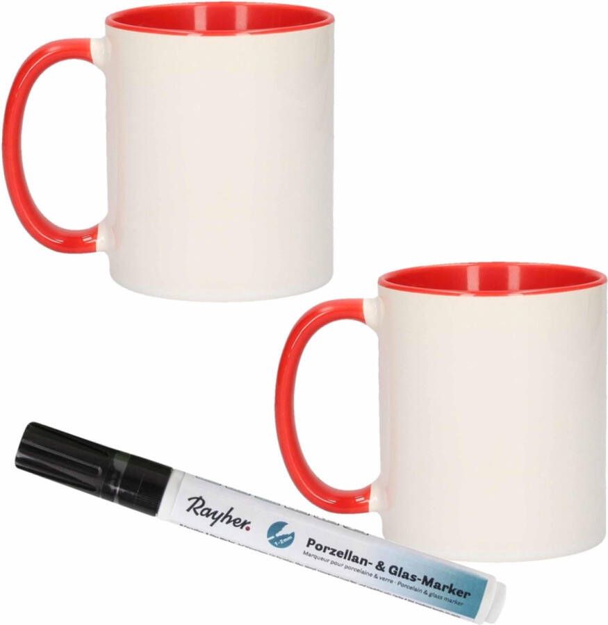 Shoppartners 2x stuks rood witte drink mokken van keramiek met een zwarte porseleijn marker stift Maak uw eigen mokken