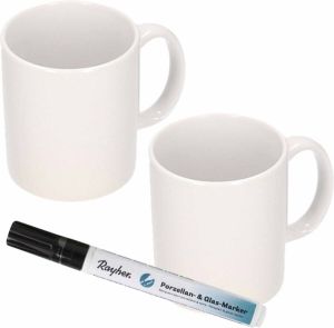 Shoppartners 2x stuks witte drink mokken van keramiek met een zwarte porseleijn marker stift Maak uw eigen mokken